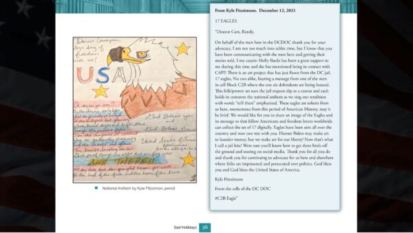 Ảnh chụp màn hình lá thư viết tay của tù nhân ngày 06/01 Kyle Fitzsimons trong cuốn sách mới có nhan đề American Gulag Chronicles (Tạm dịch: Ký sự Gulag Mỹ). (Ảnh: Được sự cho phép của ông Tim Rivers và bà Marie Goodwyn)