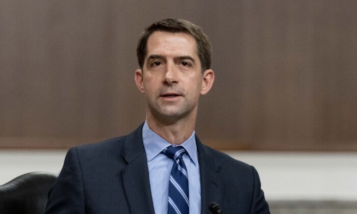 Thượng nghị sĩ Tom Cotton (Cộng Hòa-Arkansas) trình bày trong phiên điều trần tại Capitol Hill ở Hoa Thịnh Đốn hôm 25/03/2021. (Ảnh: Andrew Harnik/Pool/Getty Images)