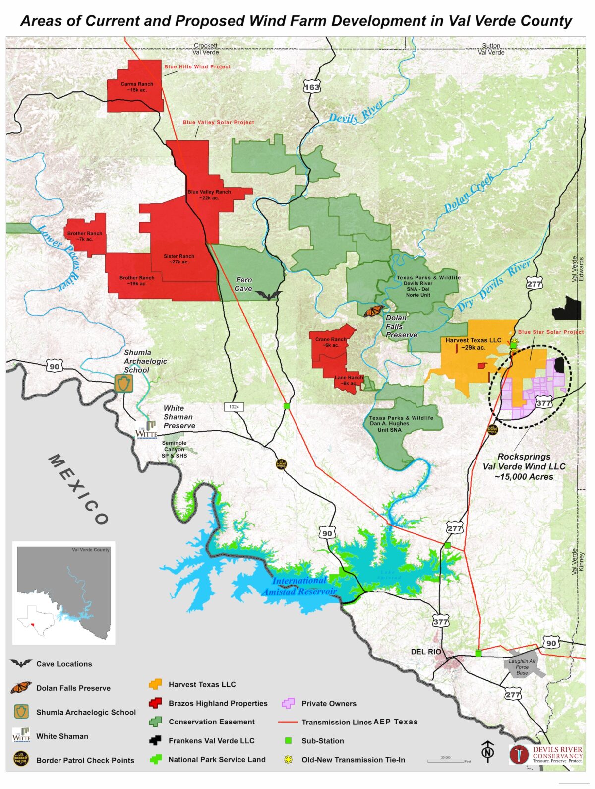 Bản đồ khu đất nông nghiệp rộng 140,000 mẫu mà tỷ phú Trung Quốc Tôn Quảng Tín mua lại ở quận Val Verde, Texas, và vị trí của ba dự án sản xuất năng lượng: Blue Hills Wind, Blue Star Solar, và Blue Valley Solar)
