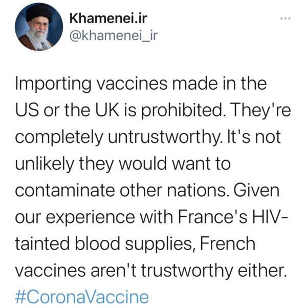 Ông Ayatollah Khamenei trên tài khoản Twitter @khamenei_ir hồi tháng 01/2021. (Ảnh: Ảnh chụp màn hình/Twitter)