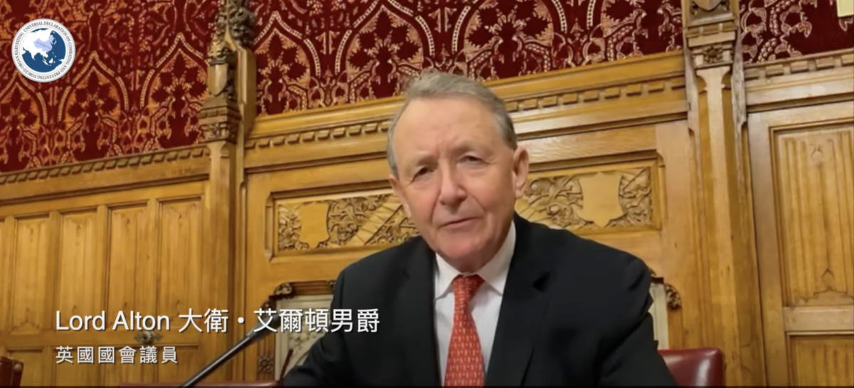 TNS David Alton của Thượng viện Anh ủng hộ các nỗ lực lập pháp ở Đài Loan nhằm chấm dứt nạn thu hoạch nội tạng cưỡng bức. (Ảnh chụp màn hình bởi The Epoch Times)
