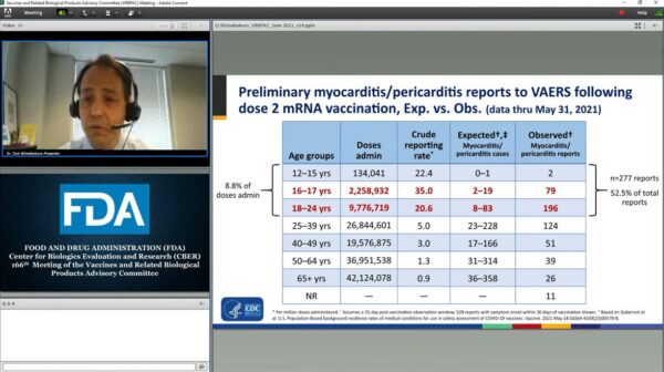 Slide về các báo cáo viêm cơ tim sau khi chích vaccine COVID được trình chiếu trong cuộc họp của Ủy ban tư vấn về vaccine và các sản phẩm sinh học liên quan của Cơ quan quản lý Thực phẩm và Dược phẩm hồi tháng Sáu.