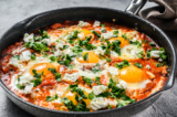 Nguyên liệu chính của món shakshouka là trứng chần lòng đào trong một chảo sốt cà chua đang sôi riu riu, có khi ngọt, có khi cay. (Ảnh: Mironov Vladimir/Shutterstock)