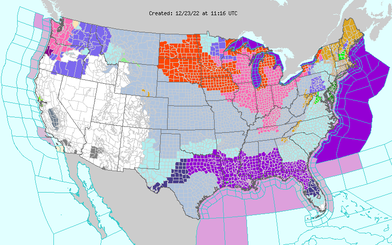 Cảnh báo thời tiết đã được đưa ra cho hàng triệu người Mỹ trước cơn bão mùa đông ‘lịch sử'’ Các khu vực được tô màu cam đang được cảnh báo có bão tuyết, trong khi các khu vực được tô màu hồng là có cảnh báo bão mùa đông. (Ảnh: NWS)