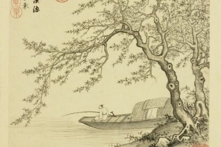 Bức tranh sơn thuỷ “Đào hoa điếu thuyền” (Thuyền câu cá dưới hoa đào) của Hạng Thánh Mô thời nhà Minh. (Ảnh: Bảo tàng Cung điện Quốc gia, Đài Bắc)
