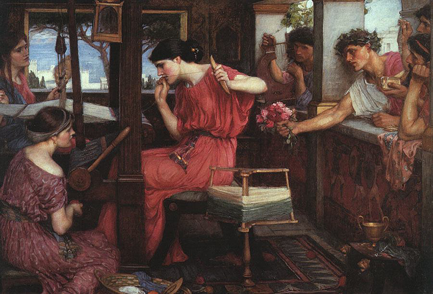 Sự hỗn loạn ngự trị ở Ithaca, nhưng không ai can thiệp để chấm dứt hành vi này. Bức tranh “Nàng Penelope và những kẻ cầu hôn,” 1911–12, do họa sĩ John William Waterhouse vẽ. (Ảnh: Tài sản công)