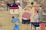 Bức tranh “Hàn Hy Tái Dạ Yến Đồ” của Cố Hoành Trung thời Ngũ Đại, miêu tả khung cảnh yến tiệc do Hàn Hy Tái tổ chức, trong đó có một người mặc xiêm y xanh đang chắp tay chào. (Ảnh: Bảo tàng Cung điện Quốc gia)