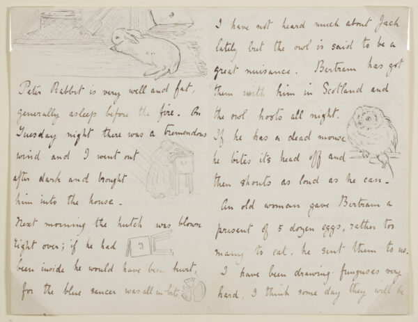 Bức thư có chứa hình ảnh gửi đến Walter Gaddum về thỏ, cú, và sóc của bà Beatrix Potter. Ngày 06/03/1897. Chúc thư của Leslie Linder, Bảo tàng Victoria và Albert, London. (Bảo tàng Victoria và Albert, London)