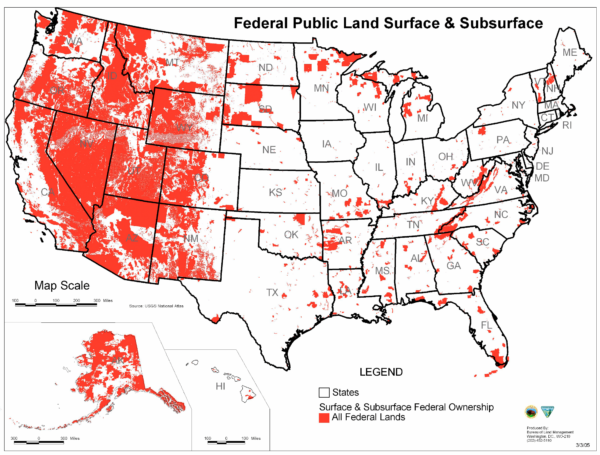 Chính phủ liên bang sở hữu và quản lý khoảng 650 triệu mẫu Anh đất trên khắp Hoa Kỳ, tương đương gần 28% khối lượng đất đai của quốc gia và gần một nửa diện tích bề mặt của 11 tiểu bang miền Tây tiếp giáp. (Ảnh: Cục Quản lý Đất đai Hoa Kỳ)