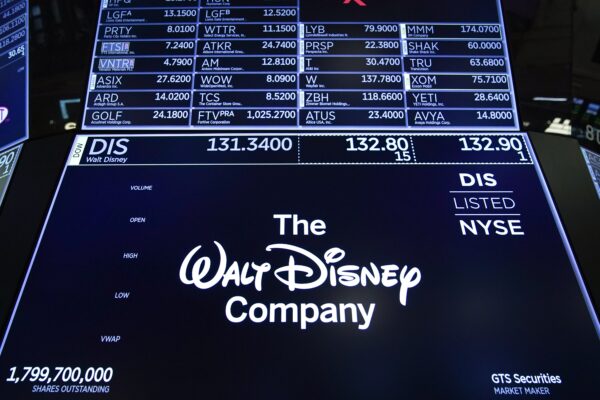 Logo của công ty Walt Disney trên một điểm giao dịch trong tiếng chuông khai mạc tại sàn của Sở Giao dịch Chứng khoán New York (NYSE) ở New York hôm 14/05/2019. (Ảnh: Drew Angerer/Getty Images)