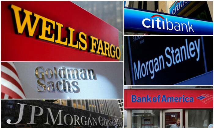 Ảnh kết hợp của Wells Fargo, Citigbank, Morgan Stanley, JPMorgan Chase, Bank of America, JPMorgan và Goldman Sachs. (Ảnh: Reuters)