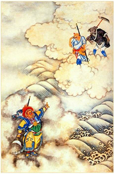 Ngộ Không cùng Bát Giới đằng vân giá vũ, tiến đến đầm Bích Ba ở Loạn Thạch Sơn để đại chiến với Cửu Đầu Trùng. Bức tranh Hồi thứ 63 của 