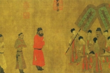 Bức “Bộ liễn đồ” mô tả cảnh Lộc Đông Tán triều kiến Đường Thái Tông. (Ảnh: Tái sản công)