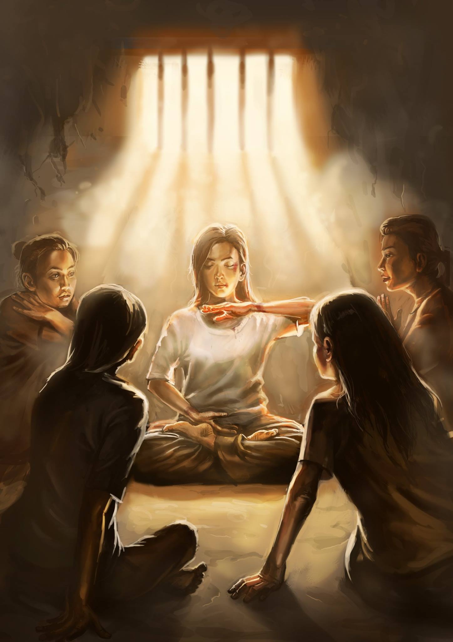 Một bức tranh vẽ các tù nhân đang trầm trồ nhìn một học viên Pháp Luân Công bị đánh đập tàn nhẫn nhưng vẫn ngồi đả tọa, khi cô bị giam giữ trong một nhà tù Trung Quốc vì không từ bỏ đức tin của mình. (Ảnh: Đăng dưới sự cho phép của trang Minghui.org)