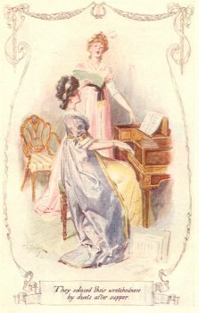 Những người phụ nữ trong thời đại của nhà văn Jane Austen đã trở thành những người “tinh thông nhất” về sở trường chơi đàn piano và ca hát. Minh họa màu nước cho tác phẩm “Kiêu Hãnh và Định Kiến” của họa sĩ C. E. Brock. (Ảnh: Mollands.net)