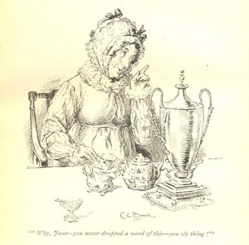 Khi các quý cô đi thăm viếng, họ tận hưởng những cuộc nói chuyện phiếm trong lúc thưởng thức tách trà của mình. (Tranh minh họa cho tác phẩm “Kiêu Hãnh và Định Kiến” của học sĩ C. E. Brock. (Ảnh: Mollands.net)