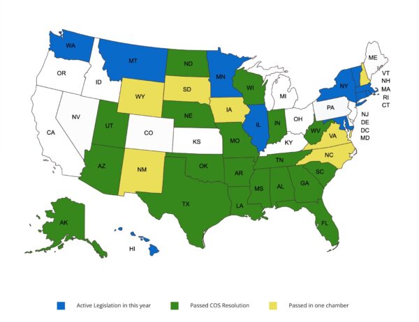 Tiến độ của từng tiểu bang trong việc chấp thuận một hội nghị của các tiểu bang (COS). Màu xanh lá cây: đã thông qua luật để tổ chức COS, màu vàng: có một viện đã thông qua, màu xanh dương: có luật được đệ trình trong năm nay.  (Nguồn: conferenceofstates.com)