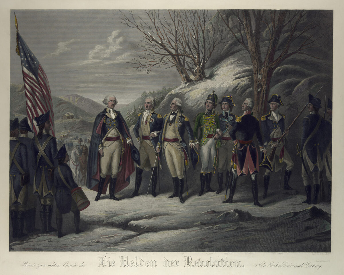 Tướng Washington đứng cùng Nam tước Johann De Kalb, Nam tước von Steuben, chỉ huy Kazimierz Pulaski, nhà lãnh đạo Tadeusz Kosciuszko, Hầu tước Lafayette, cùng đại tá John Muhlenberg, và các sĩ quan khác trong Chiến tranh Cách mạng. “Những người anh hùng của Cách mạng,” tác phẩm của họa sĩ Frederick Girsch, vào giữa năm 1850 và 1890. Thư viện của Quốc hội. (Ảnh: Tài sản công)