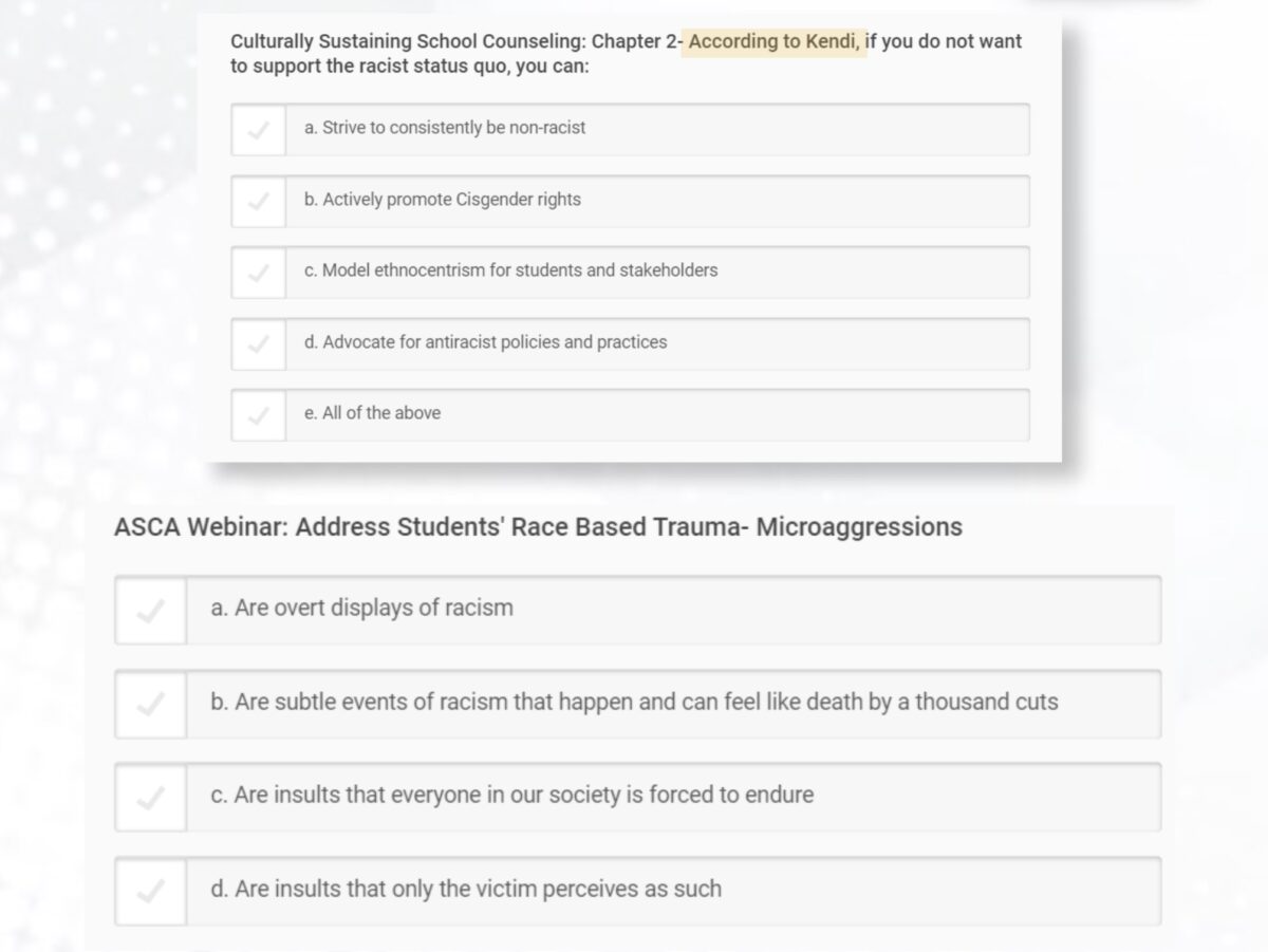 Ảnh chụp màn hình các câu hỏi về chủng tộc trong bài kiểm tra chứng nhận của Hiệp hội Tư vấn Học đường Hoa Kỳ. (Ảnh: Đăng dưới sự cho phép của Courage is a Habit)