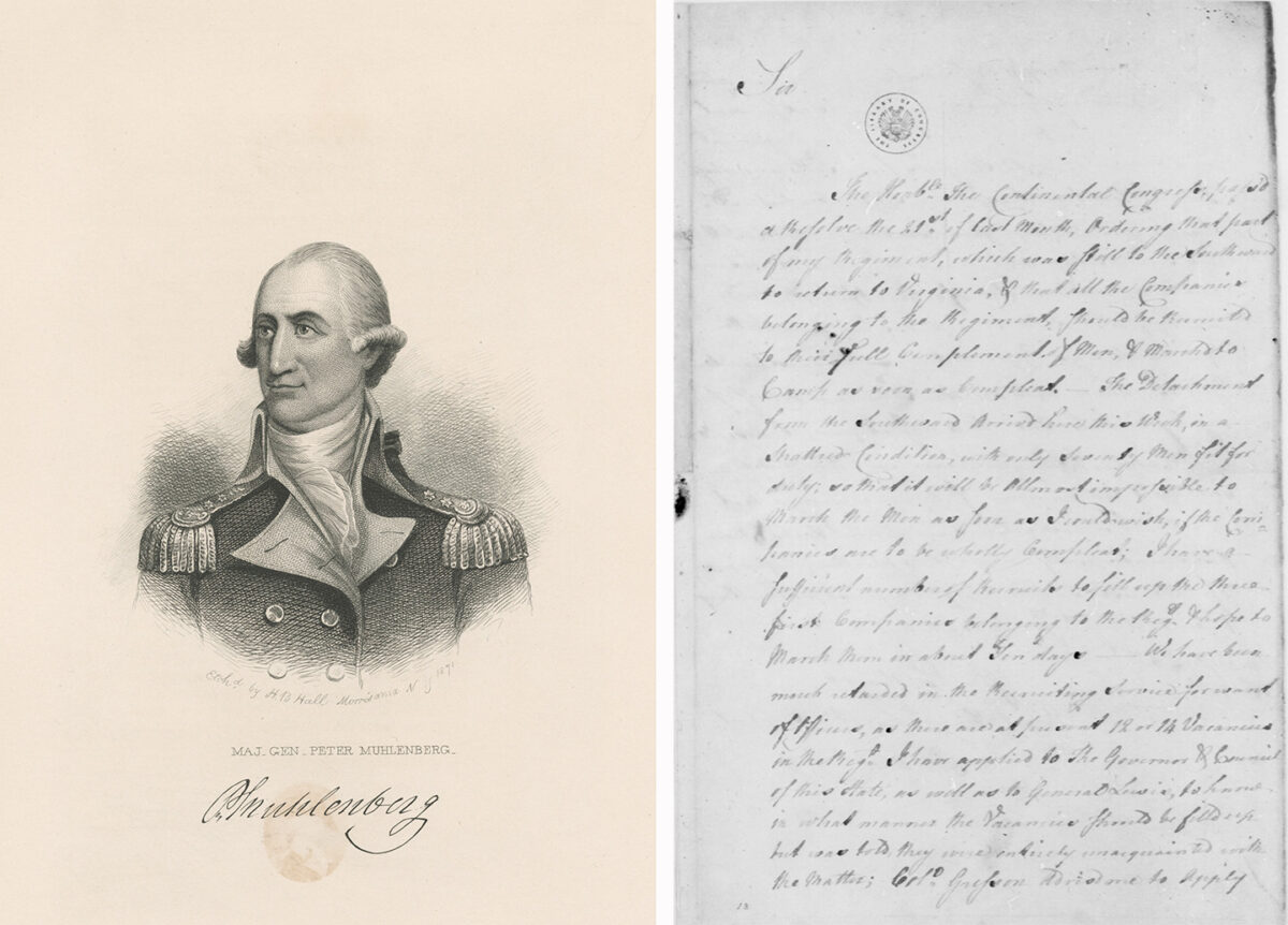 Thiếu Tướng Peter Muhlenberg và thư từ của ông với ông George Washington trong Chiến tranh Cách mạng. (Ảnh trái) “Thiếu Tướng Peter Muhlenberg,” khoảng giữa năm 1750 – 1880. (Ảnh phải) Thư giữa ông Peter Muhlenberg và ông George Washington vào ngày 23/02/1777. Thư viện Quốc hội. (Ảnh: Tài sản công)