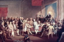 1787: Bức tranh "Ký tên vào Hiến Pháp Hoa Kỳ" của Thomas Pritchard Rossiter. Được vẽ vào năm 1878, tranh được treo ở Công viên Lịch sử Quốc gia Độc lập ở Philadelphia. (Ảnh: MPI/Getty Images)