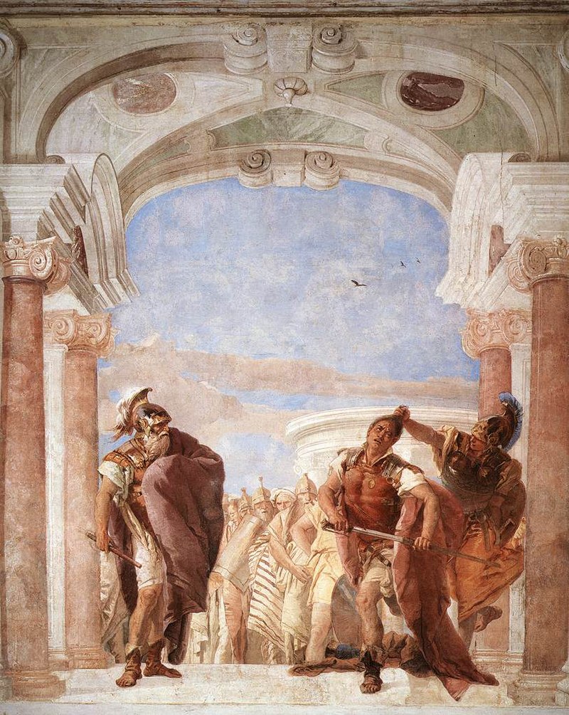 Tác phẩm “Cơn thịnh nộ của Achilles” của họa sĩ Giovanni Battista Tiepolo, năm 1757. Bức bích họa tại Biệt thự Villa Valmarana ai Nani, thành phố Vicenza. (Ảnh: Tài sản công)