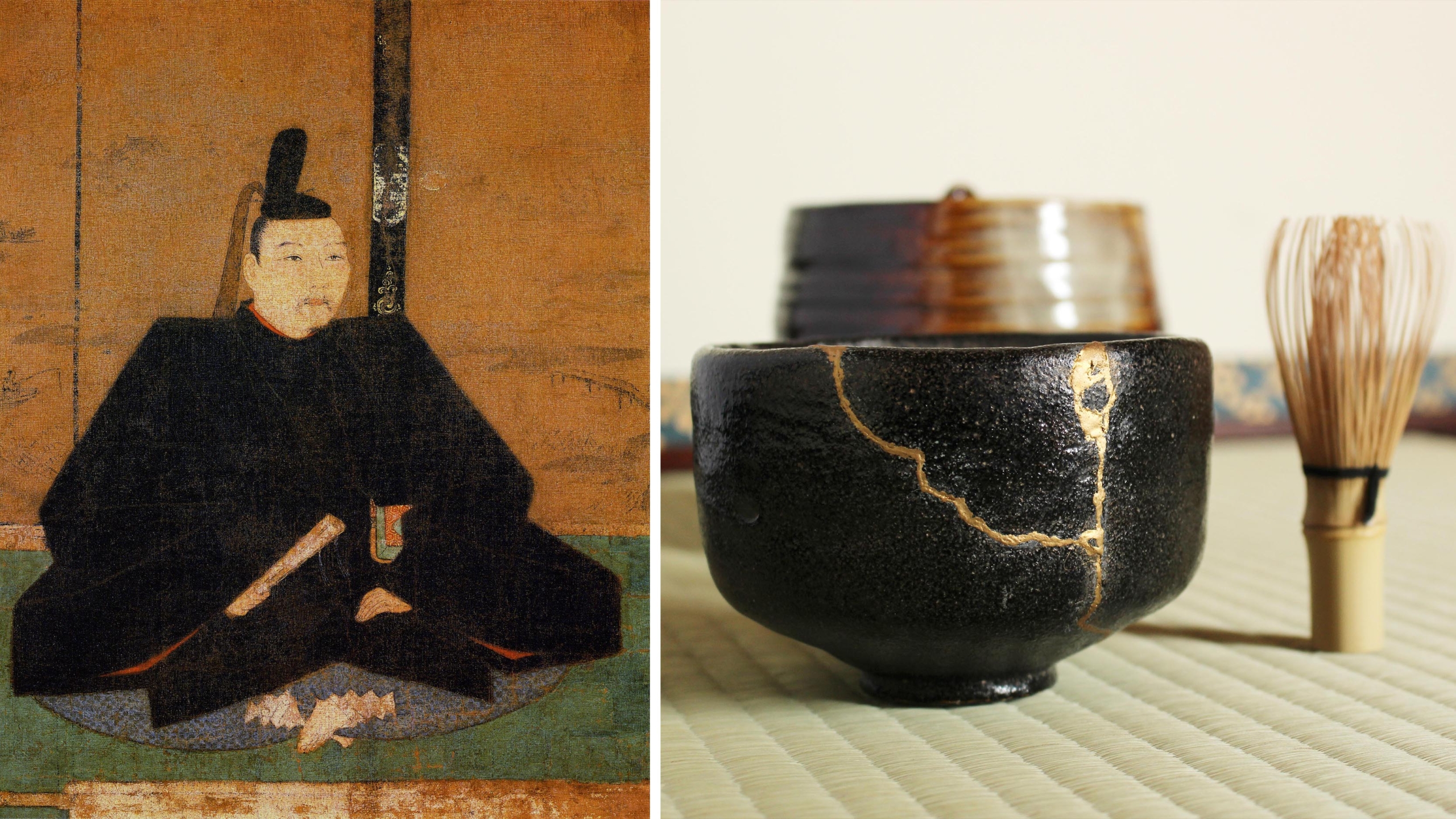 (Trái) Một bức chân dung của Tướng quân Ashikaga Yoshimasa. (Ảnh: Tài sản công); (Phải) Một ly nước sử dụng nghệ thuật kintsugi để hàn gắn lại. (Lia_t/Shutterstock)