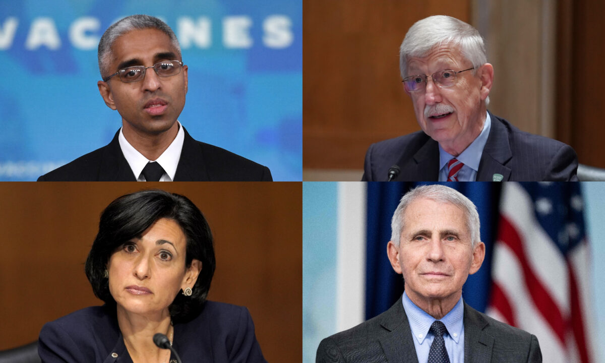 Từ trên cùng bên trái, theo chiều kim đồng hồ: Tiến sĩ Vivek Murthy, Tiến sĩ Francis Collins, Tiến sĩ Anthony Fauci, và Tiến sĩ Rochelle Walensky. (Ảnh: Getty Images)