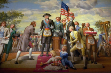 Một bức bích họa mô tả Tổng thống George Washington khi ông đặt viên đá đầu tiên của Tòa nhà Quốc hội Hoa Kỳ vào ngày 18/09/1793. (Ảnh: SAUL LOEB/AFP qua Getty Images)