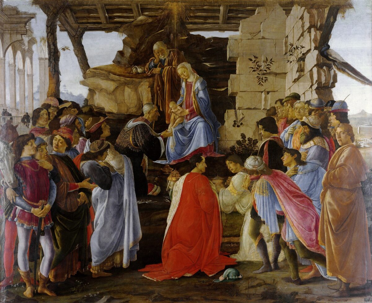 Tác phẩm “Adoration of the Magi” (Tôn kính Thánh thể), năm 1476, của tác giả Sandro Boticelli. (Ảnh: Tài sản công)