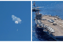 (Trái) Khinh khí cầu Trung Quốc trôi ra biển sau khi bị bắn rơi ngoài khơi bờ biển Surfside Beach, South Carolina, vào ngày 04/02/2023. (Phải) Hàng không mẫu hạm USS Carl Vinson thực hiện một chuyến đi biển theo nhóm trong cuộc tập trận Vành đai Thái Bình Dương, ngoài khơi bờ biển Hawaii, vào ngày 26/07/2018. (Ảnh: Randall Hill/Reuters; Hạ sĩ quan Arthurgwain L. Marquez/Hải quân Hoa Kỳ qua AP)