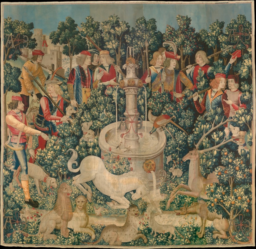 4 Tấm thảm “The Unicorn Is Found” (Tìm thấy chú kỳ lân), vào năm 1495-1505, Nam Hà Lan. Chất liệu: Len sợi dọc và len, lụa, bạc và len sợi ngang mạ vàng; kích thước 145 inch x 149 inch. Quà tặng của ông John D. Rockefeller Jr., năm 1937, The Met Cloisters (Ảnh: Viện Bảo tàng Mỹ thuật Metropolitan).