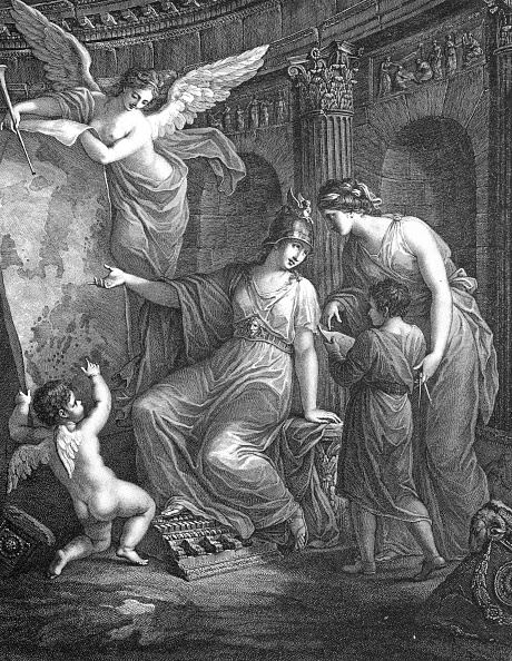 Thần Athena, nữ thần trí tuệ của Hy Lạp, hướng dẫn một học trò trẻ tìm thấy nguồn cảm hứng của anh ấy ở nước Ý và Hy Lạp, vào khoảng năm 1778. (Ảnh: Archive Photos/Getty Images)