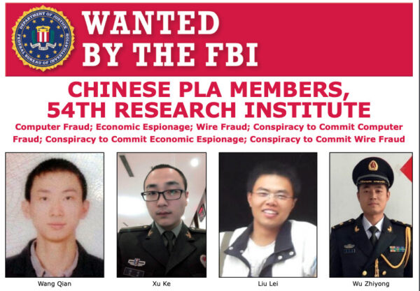 Ảnh chụp màn hình áp phích truy nã của FBI đối với các thành viên quân đội Trung Quốc liên quan đến vụ xâm nhập dữ liệu Equifax. (Ảnh: FBI/Ảnh chụp màn hình qua The Epoch Times)