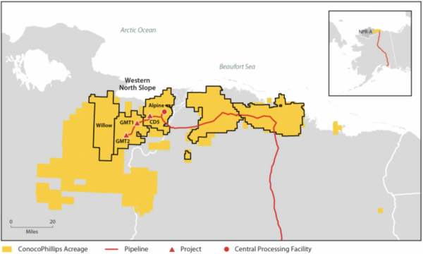Dự án Willow do ConocoPhillips có trụ sở tại Texas đề xướng nằm trong Khu Dự trữ Dầu khí Quốc gia rộng 23 mẫu Anh ở Alaska (NPRA) ở khu vực North Slope của tiểu bang Alaska. (Ảnh đăng dưới sự cho phép của ConocoPhillips)
