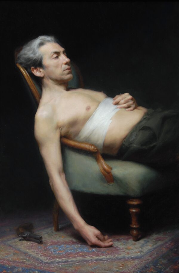 Trong tác phẩm “After the Duel” (Sau cuộc đấu súng) của họa sĩ Louis Szapary, chúng ta nhìn thấy hậu quả của cuộc đọ súng này — một người đàn ông bị thương với vẻ mặt đầy hối hận. Tác phẩm “The Death of Marat” (Cái chết của Marat) của họa sĩ theo phong cách tân cổ điển người Pháp Jacques-Louis David đã trực tiếp ảnh hưởng đến việc lựa chọn tư thế của nhân vật trong tác phẩm này của họa sĩ Szapary. Anh Szapary đã tốt nghiệp và từng giảng dạy tại Học viện Nghệ thuật Florence. Anh luôn lấy cảm hứng từ các họa sĩ bậc thầy thời xưa và những nghệ sĩ khác theo đuổi truyền thống vẽ tranh tả thực. Tác phẩm thắng giải nhất ở hạng mục Fully From Life: “After the Duel” của họa sĩ Louis Szapary (Áo), năm 2021. Tranh sơn dầu trên vải canvas; kích cỡ 47 inch x 31 1/4 inch. (Ảnh: Đăng dưới sự cho phép của Art Renewal Center)
