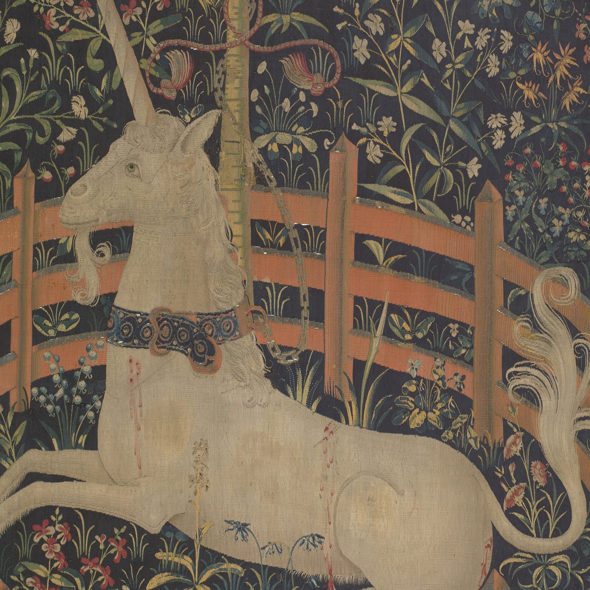 1 Một phần của tấm thảm “The Unicorn in Captivity” (Chú kỳ lân bị giam cầm), vào năm 1495-1505, Nam Hà Lan. Chất liệu: len sợi dọc và len, lụa, bạc và len sợi ngang mạ vàng; kích thước 144 7/8 inch x 99 inch. Quà tặng của ông John D. Rockefeller Jr., năm 1937, The Met Cloisters (Ảnh: Viện Bảo tàng Mỹ thuật Metropolitan)