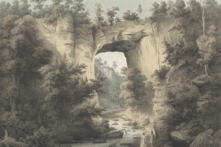 Tác phẩm “Natural Bridge, Rockbridge Co., Va.” (Natural Bridge, Quận Rockbridge, Virginia), năm 1858, trong “Album về Virginia,” của họa sĩ Edward Beyer. Tranh in thạch bản. Quỹ Virginiana, Bảo tàng Mỹ thuật Virginia. (Ảnh: Bảo tàng Mỹ thuật Virginia)