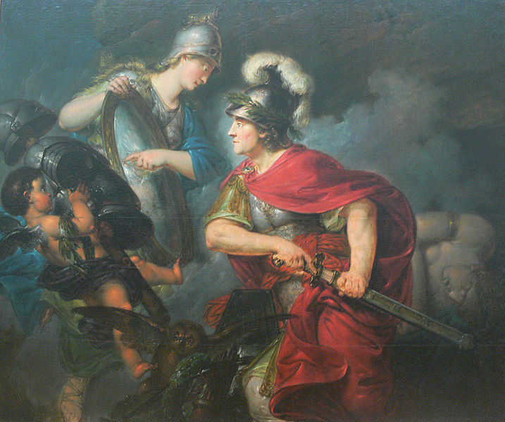 Bức tranh “Frederick the Great as Perseus,” 1756, của họa sĩ Bernhard Rode mô tả nữ thần Athena chỉ cho chàng Perseus cách tránh ánh mắt của quỷ Medusa. (Ảnh: Tài sản công)