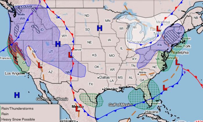 Một bản đồ từ Cơ quan Thời tiết Quốc gia hôm 12/03/2023, cho thấy các tác động có thể xảy ra từ một hệ thống bão dự kiến sẽ ảnh hưởng đến vùng Đông Bắc Hoa Kỳ từ ngày 13/03 đến ngày 15/03. (Ảnh: NWS)