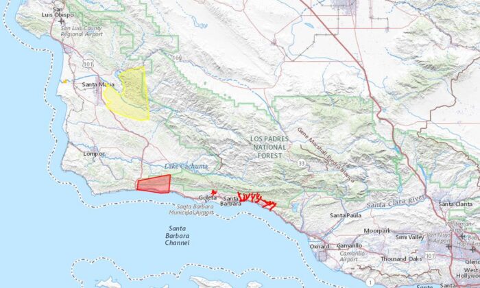 Một bản đồ hôm 14/03/2023 do Quận Santa Barbara đăng tải cho thấy các lệnh sơ tán hiện đang có hiệu lực do một cơn bão mùa đông “sông khí quyển” sẽ đổ bộ vào phần lớn California vào thứ Ba (14/03) và thứ Tư (15/03). (Ảnh: Quận Santa Barbara)