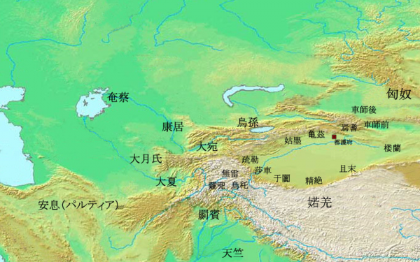 Bản đồ các quốc gia Tây Vực vào thế kỷ thứ nhất trước Công nguyên. (Ảnh:トムル / Wikimedia Commons)