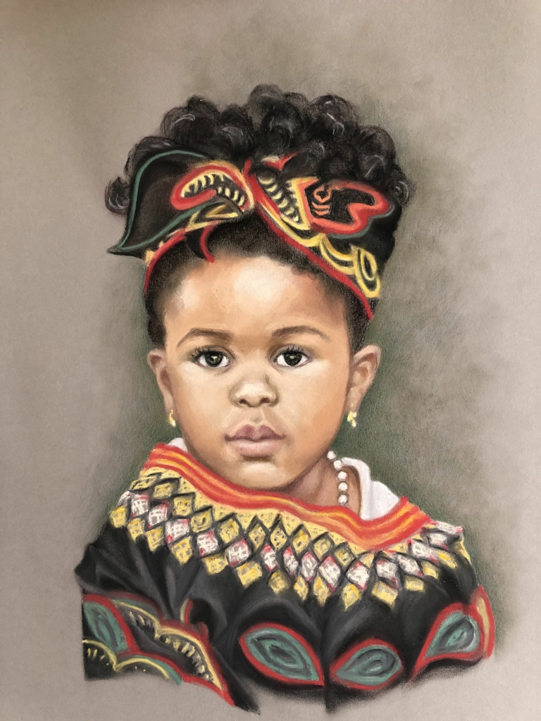 Bé gái Phi Châu trong trang phục truyền thống, tranh của họa sĩ Barbara Schafer. Tranh phấn màu. (Ảnh: Đăng dưới sự cho phép của bà Barbara Schafer)