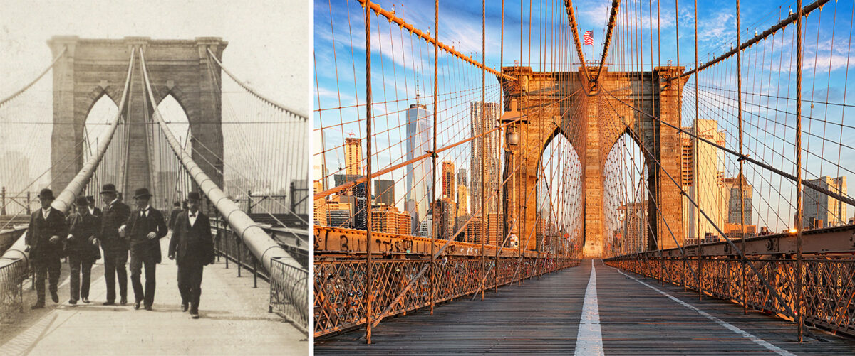(Trái) Đi dạo trên lối đi bộ của Cầu Brooklyn, khoảng năm 1883–1910. Thư viện Công cộng New York, New York. (Ảnh: Tài sản công) (Phải) Cầu Brooklyn hiện nay. (Ảnh: TTstudio/Shutterstock)