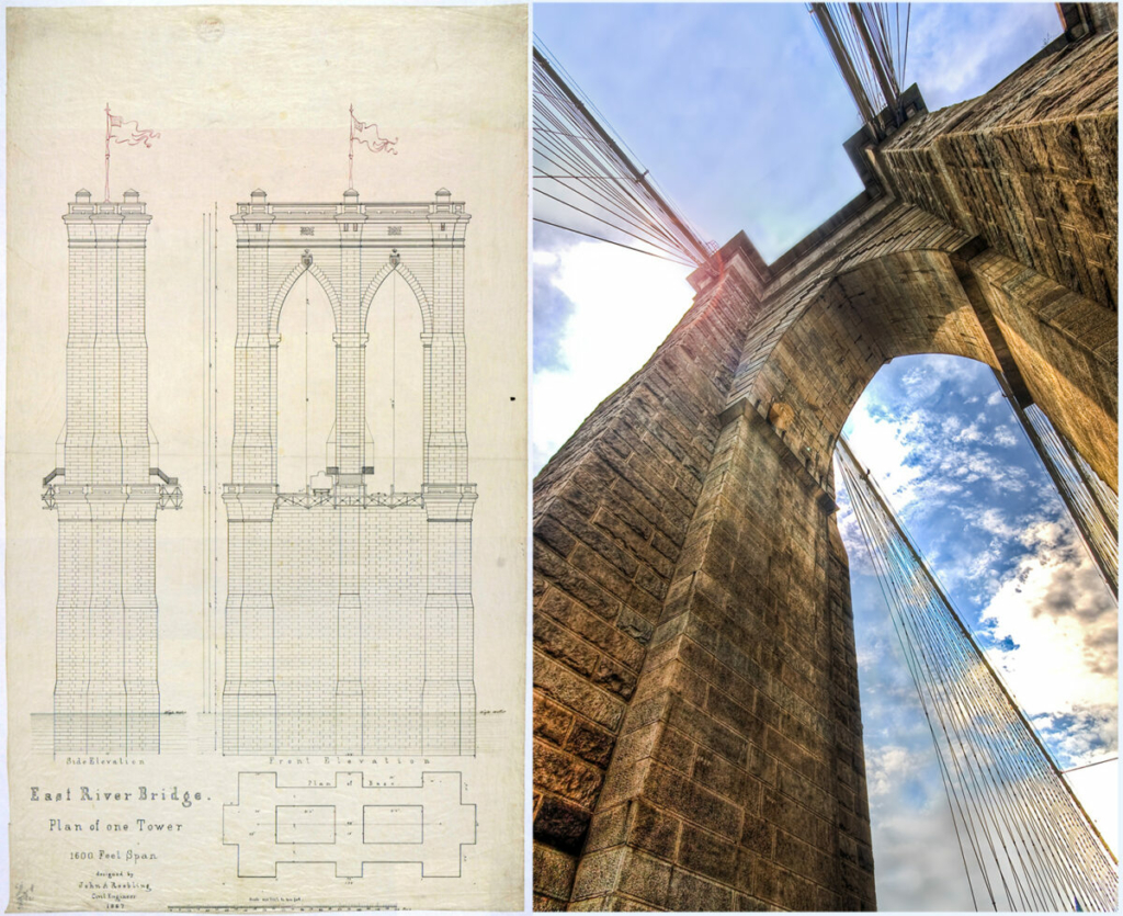 Mỗi tòa tháp của Cầu Brooklyn bao gồm một cặp vòm đỉnh nhọn theo phong cách Gothic Phục Hưng (trái). Bản thiết kế cho một tòa tháp trên Cầu Brooklyn. Kho Lưu Trữ Quốc gia. (Ảnh: Tài sản công) Những vòm đỉnh nhọn đặc trưng của các tháp treo theo phong cách Gothic Phục Hưng của cây cầu này. (Ảnh: Standing Tall/CC BY-SA 2.0)