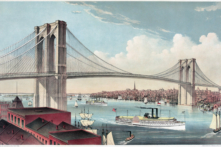 Cây cầu treo dài nhất thế giới khi hoàn thành vào năm 1883, Cầu Brooklyn là cây cầu đầu tiên được xây dựng trên East River. Bản in đá nhiều màu cây Cầu Brooklyn ở New York của họa sĩ Currier và Ives. Thư viện Quốc hội. (Ảnh: Tài sản công)