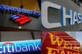 Ảnh ghép tư liệu về các chi nhánh ngân hàng Bank of America, Chase, Wells Fargo và Citibank. (Ảnh: AP Photo)