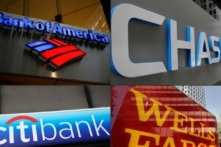 Ảnh ghép tư liệu về các chi nhánh ngân hàng Bank of America, Chase, Wells Fargo và Citibank. (Ảnh: AP Photo)