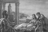 Bản khắc miêu tả Aeneas, một hoàng tử thành Troy và là con trai của hoàng tử Anchises và nữ thần Aphrodite, kể lại cuộc chiến thành Troy cho Dido, Nữ hoàng Carthage, Tunisia, vào khoảng năm 1200 trước Công nguyên. Hình ảnh lấy từ một bức tranh của Pierre-Narcisse Guerin (1774–1833), là một cảnh trong tác phẩm Aeneid của Virgil. (Ảnh: Kean Collection/Getty Images)