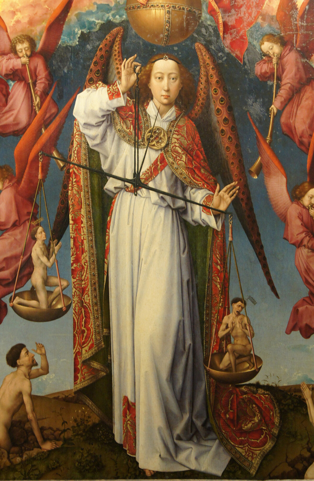 “Myth of Er” (Thần Thoại về Chiến Binh Er) của triết gia Plato kể một câu chuyện về những linh hồn trải qua thẩm phán. Chi tiết Tổng lãnh thiên thần St. Michael cân các linh hồn, từ bức liên họa mang tên “Last Judgment” (Sự phán xét cuối cùng), năm 1446–1452, của họa sĩ Rogier van der Weyden. Salle Saint-Louis ở Louvre. (Ảnh: PD-US)